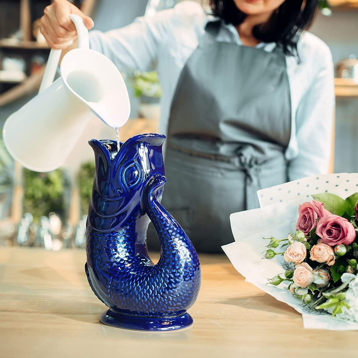 Ceramic Fish Shaped Jug -The Dark Cobalt Blue 1.5L Litre  Decorative Vase / Cocktail, Water and Gin Jug and Pitcher